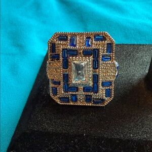 Elegant Blue & Silver Square Statement Ring 925 Stamped